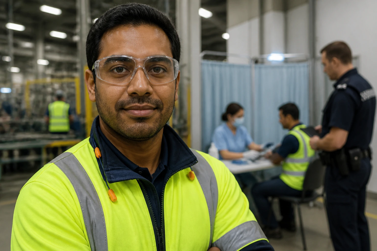 Close-up portrait of a factory worker in PPE on a busy floor with medical screening and safety signs in the background