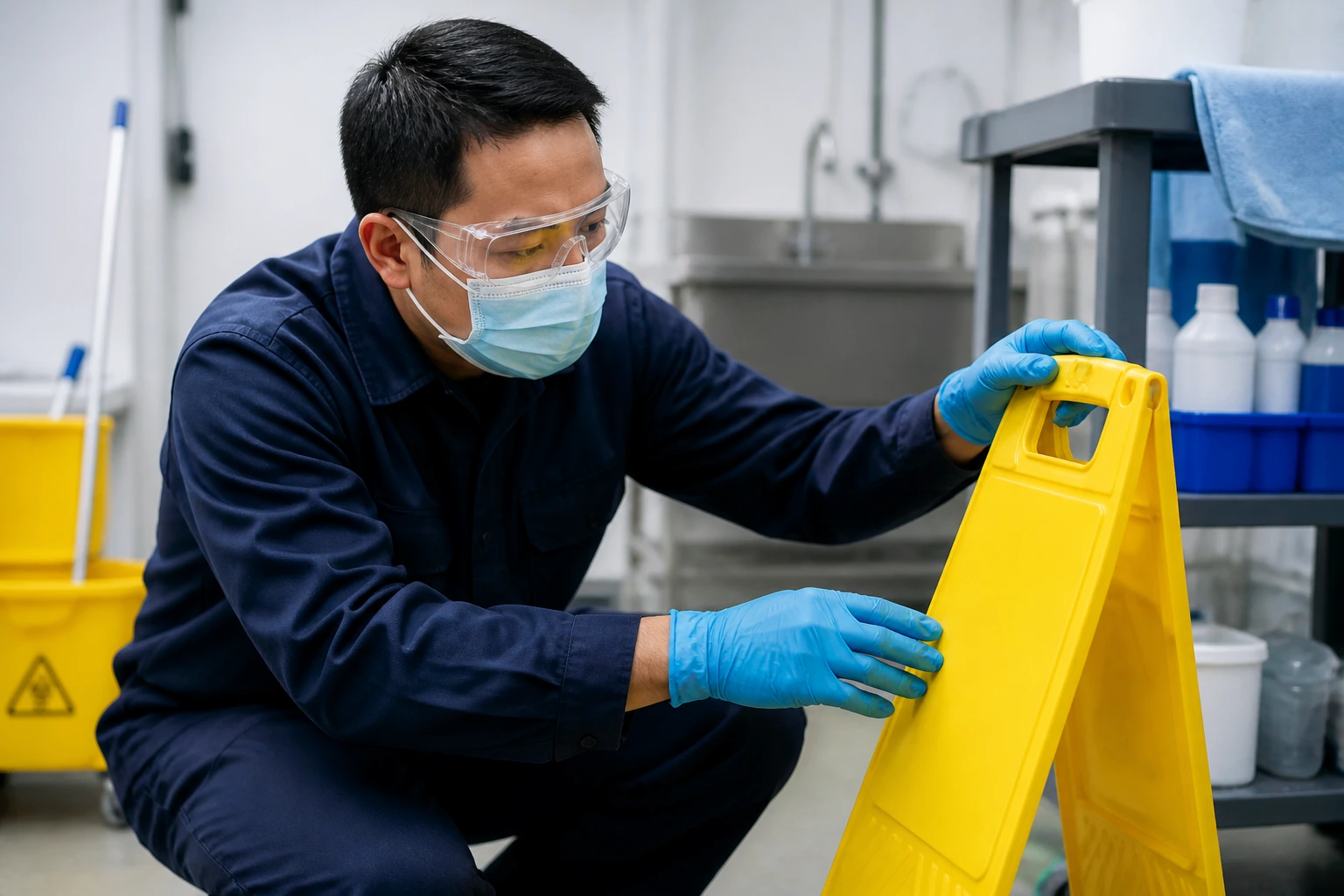 Cleaner in PPE demonstrating safety and reliability in a maintenance area