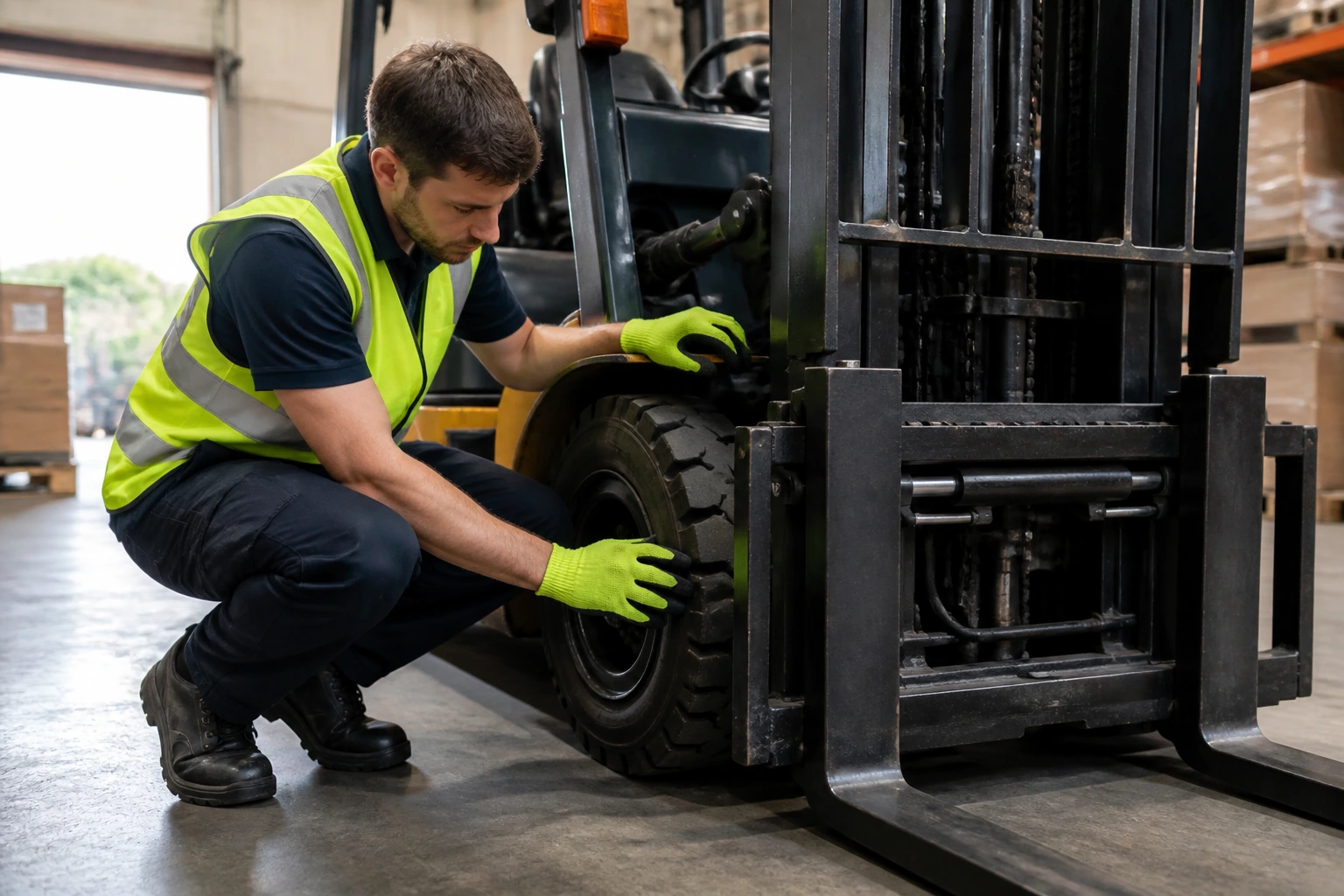 Forklift operator performing pre-start safety inspection in a warehouse