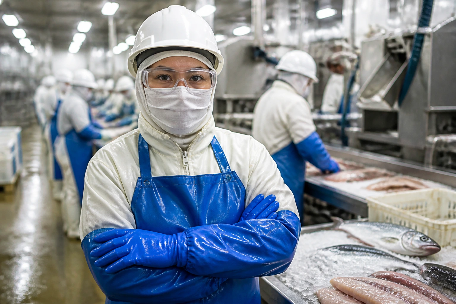 Seafood plant worker in full safety gear on a cold factory floor