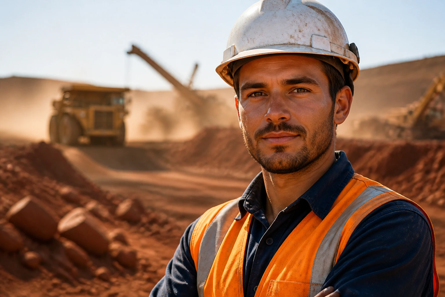 Portrait of a mine worker in PPE showing safety leadership on a site