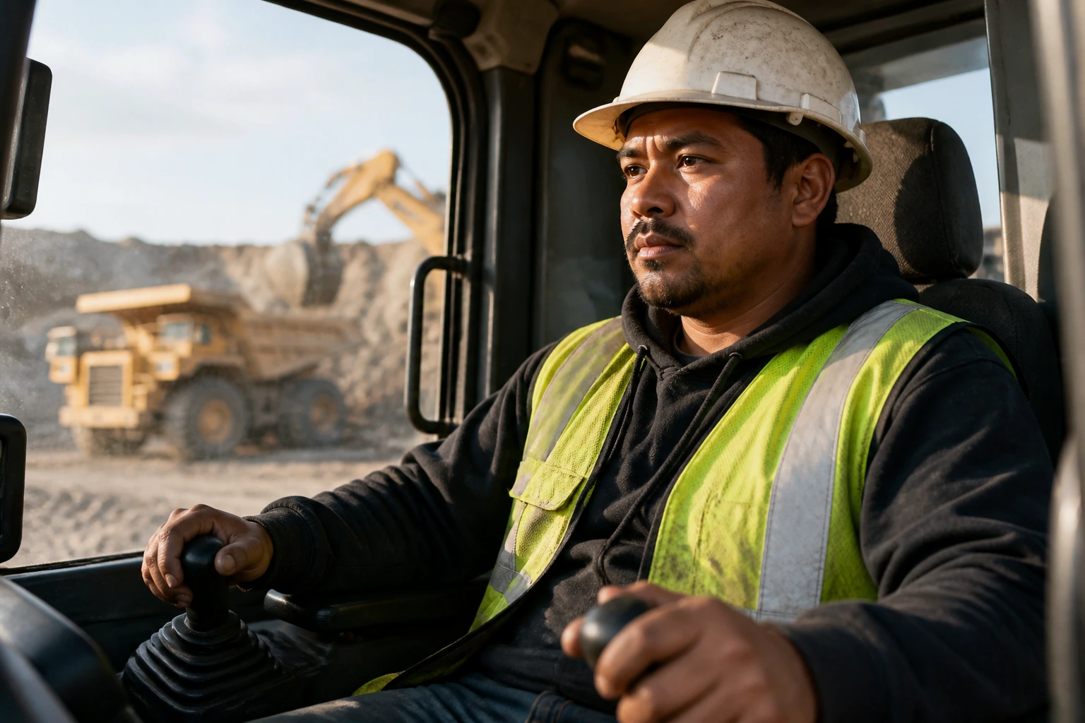 Close-up of real operator in hard hat and safety vest in cab, symbolizing essential skills