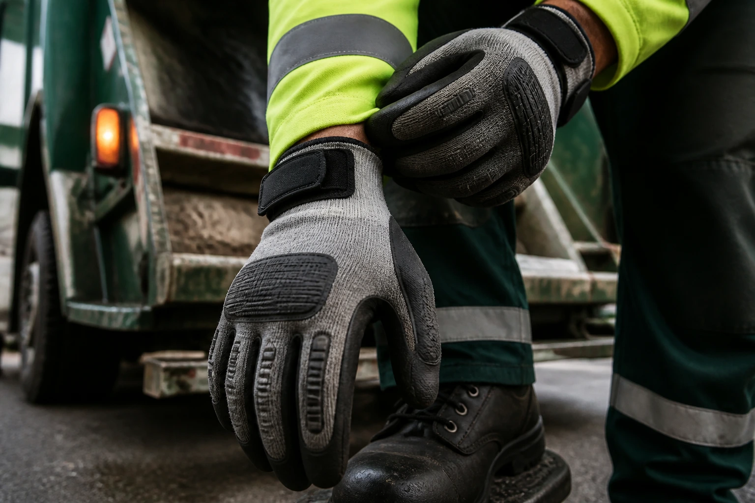 Close-up of gloved hands adjusting PPE near a sanitation truck