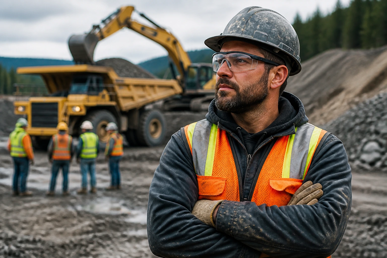 Worker in full PPE on construction site emphasizing safety.