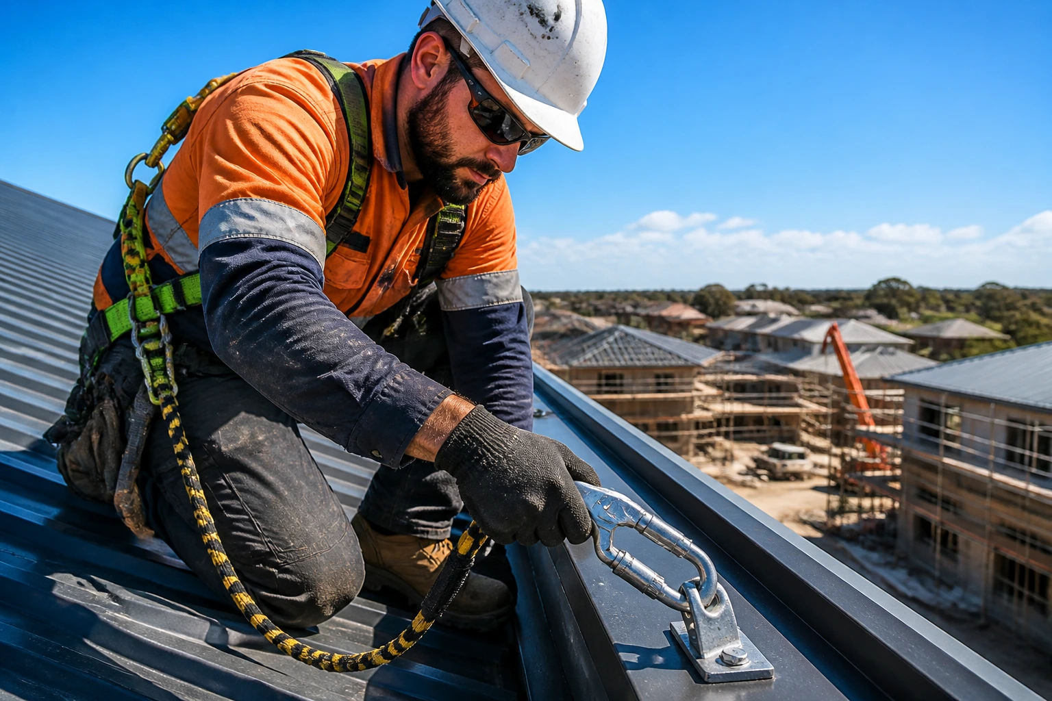 Roofer wearing safety harness on roof edge