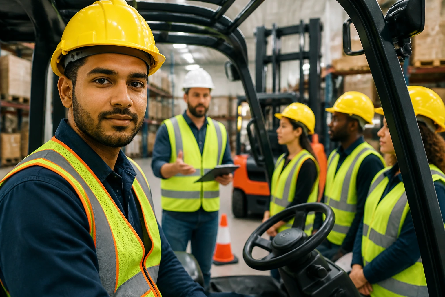 Worker in PPE during safety training in a warehouse setting.