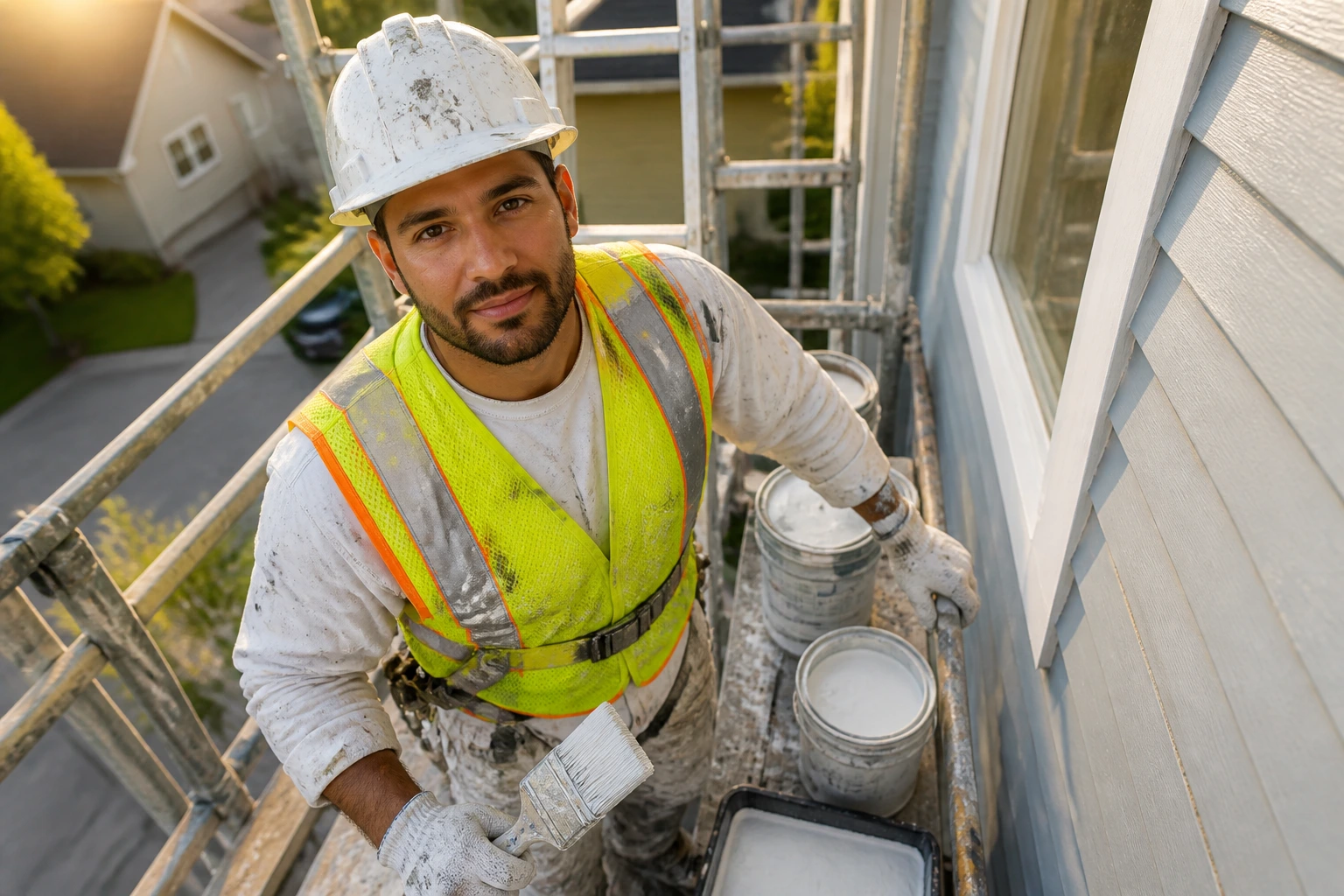Painter on scaffold wearing safety gear illustrating credentials
