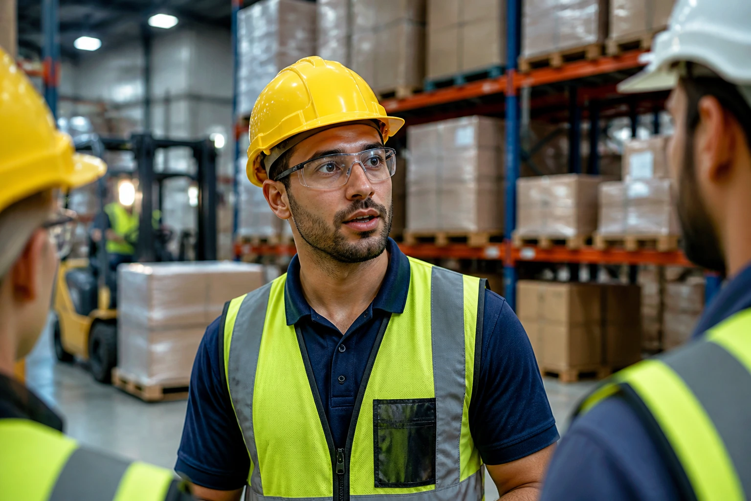 Warehouse worker in PPE during safety briefing in a noisy warehouse