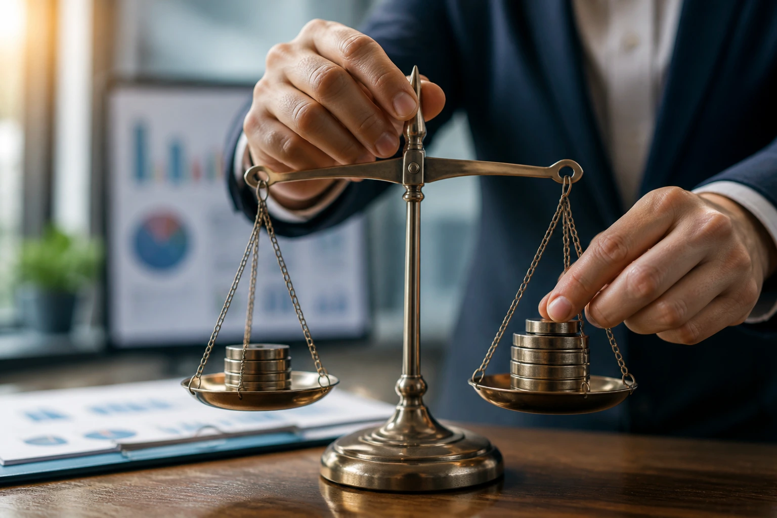 Close-up of hands on a balance scale representing salary rules for sponsorship decisions in a modern office