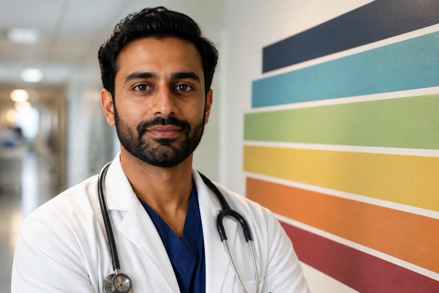 Portrait of doctor with abstract color bands behind representing pay bands