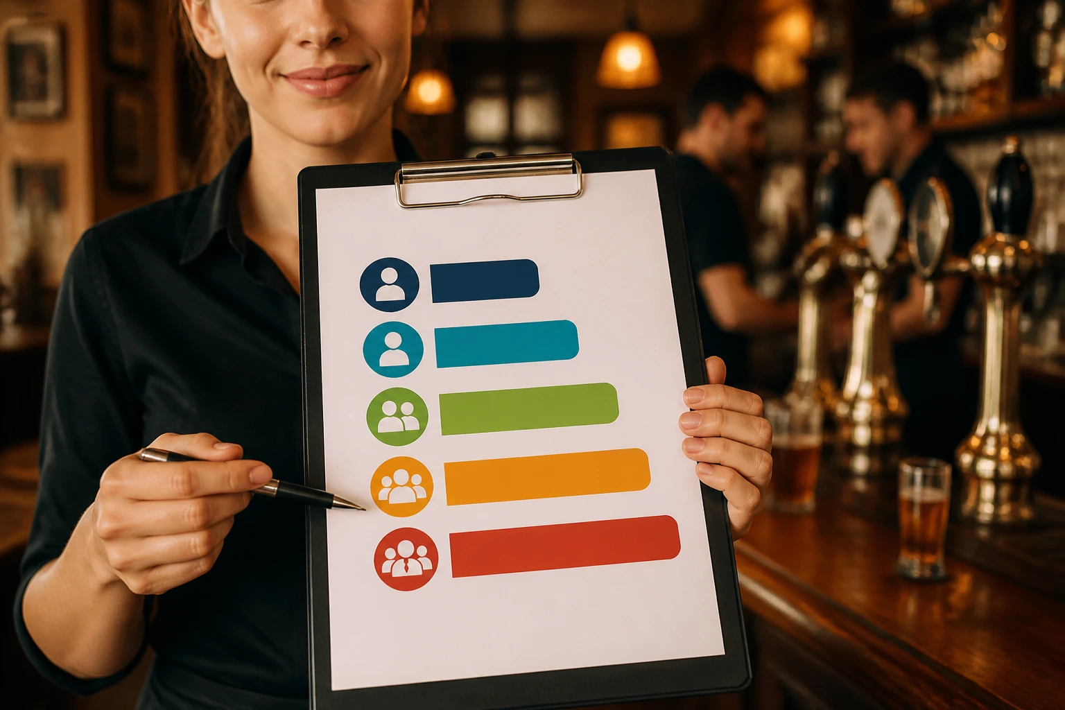 Person evaluating job levels with abstract bars on a clipboard