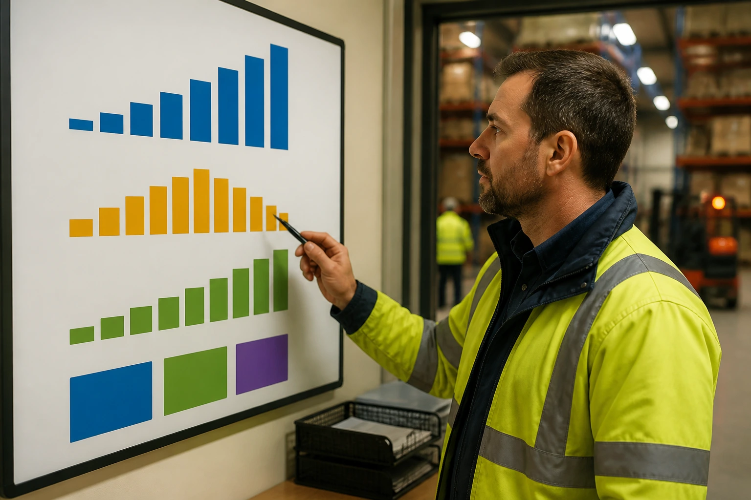 Portrait of a warehouse supervisor in hi-vis beside a text-free color-bar display illustrating pay bands in a British warehouse