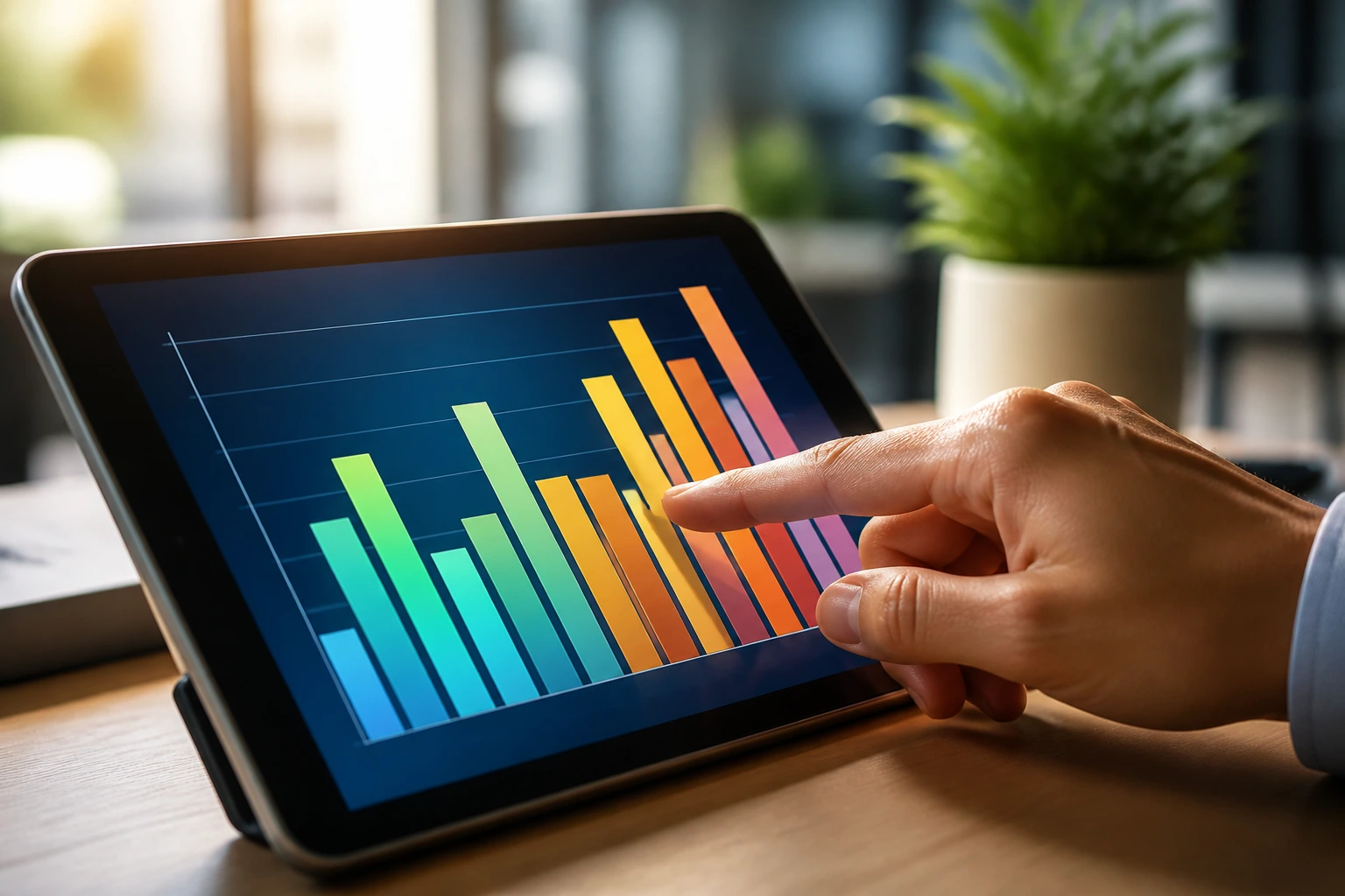 Close-up of a hand tapping a tablet showing an abstract bar chart in a bright office