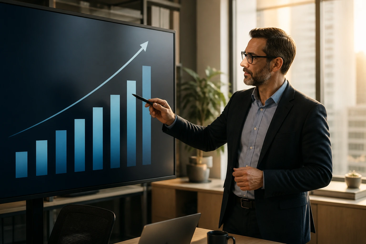 Professional in an office with abstract bars representing salary benchmarks