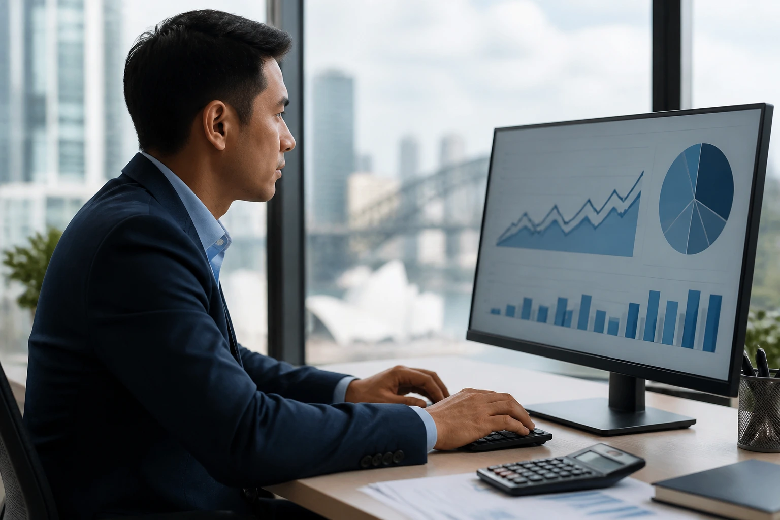 Close-up of a professional evaluating a salary benchmark in an office