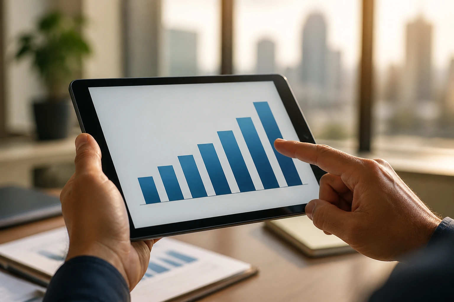 Close-up of a professional examining a bar chart on a tablet without numbers, symbolizing salary benchmarking.