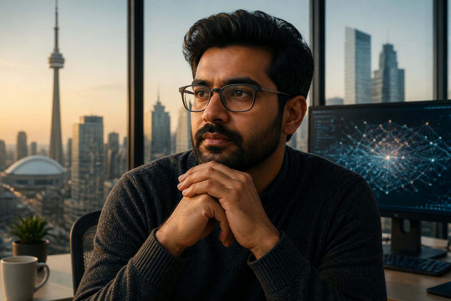 Senior AI engineer portrait in a tech hub discussing salary benchmarks