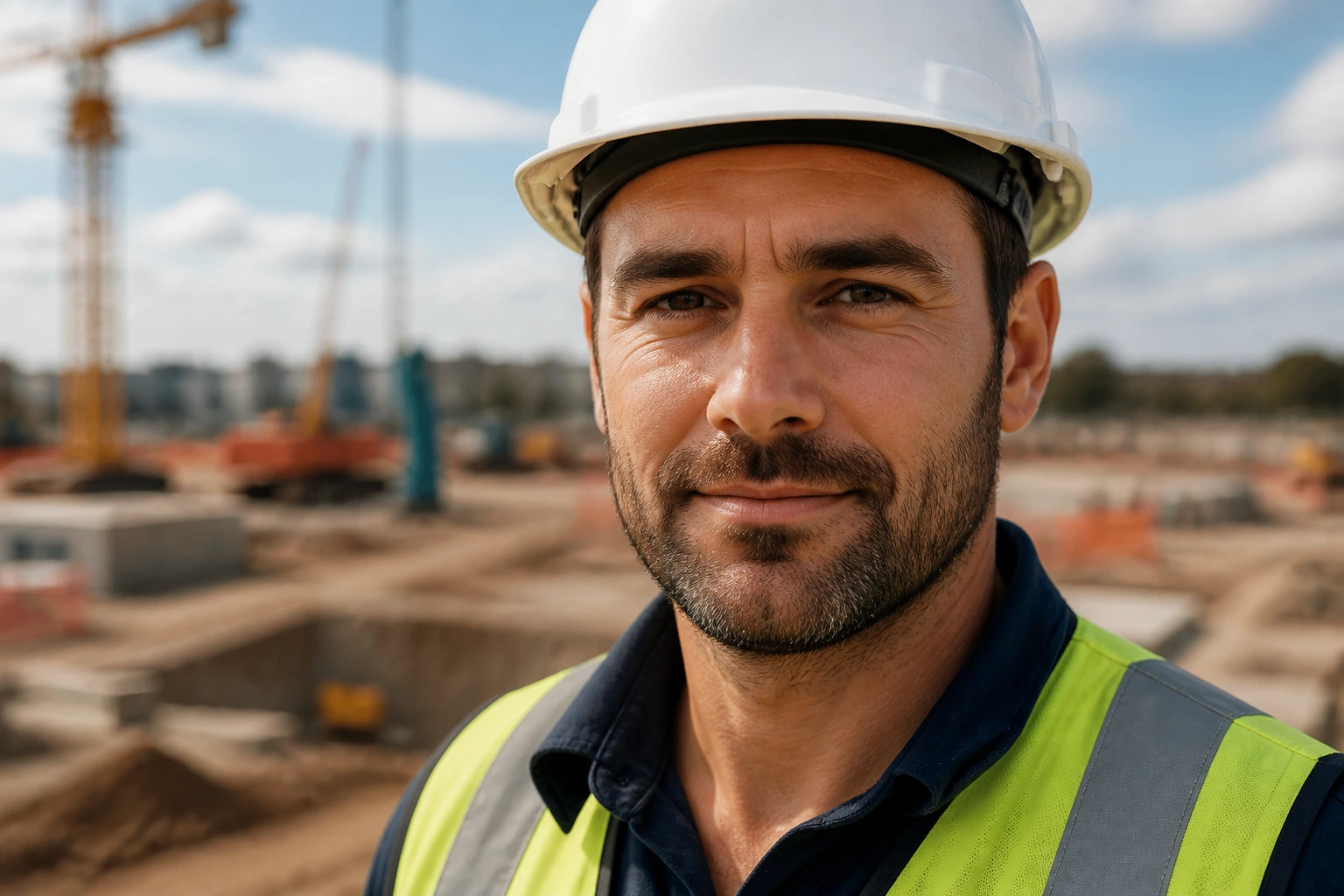 Close-up portrait of a mid-career civil engineer on a construction site, representing salary benchmark concept