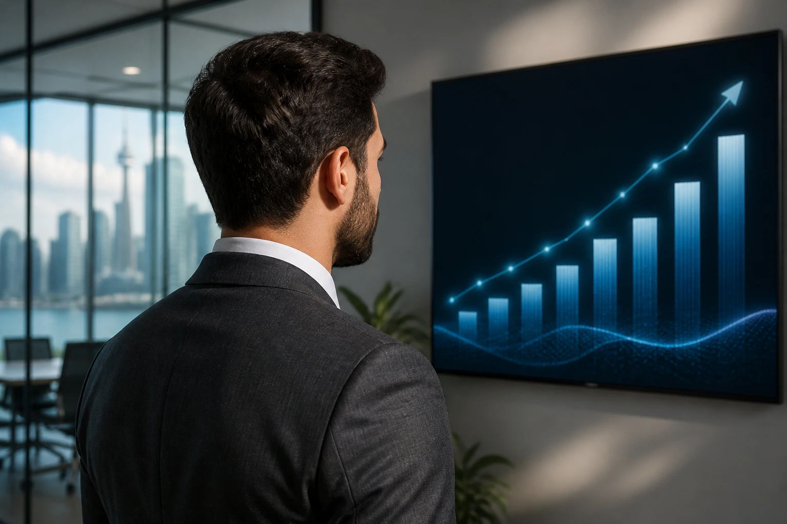 Close-up portrait of a professional in a suit examining abstract rising bars on a wall display in an office.