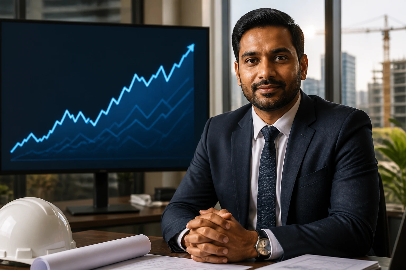 Close-up portrait of a professional with a rising line graph on a screen behind, symbolizing salary benchmarks