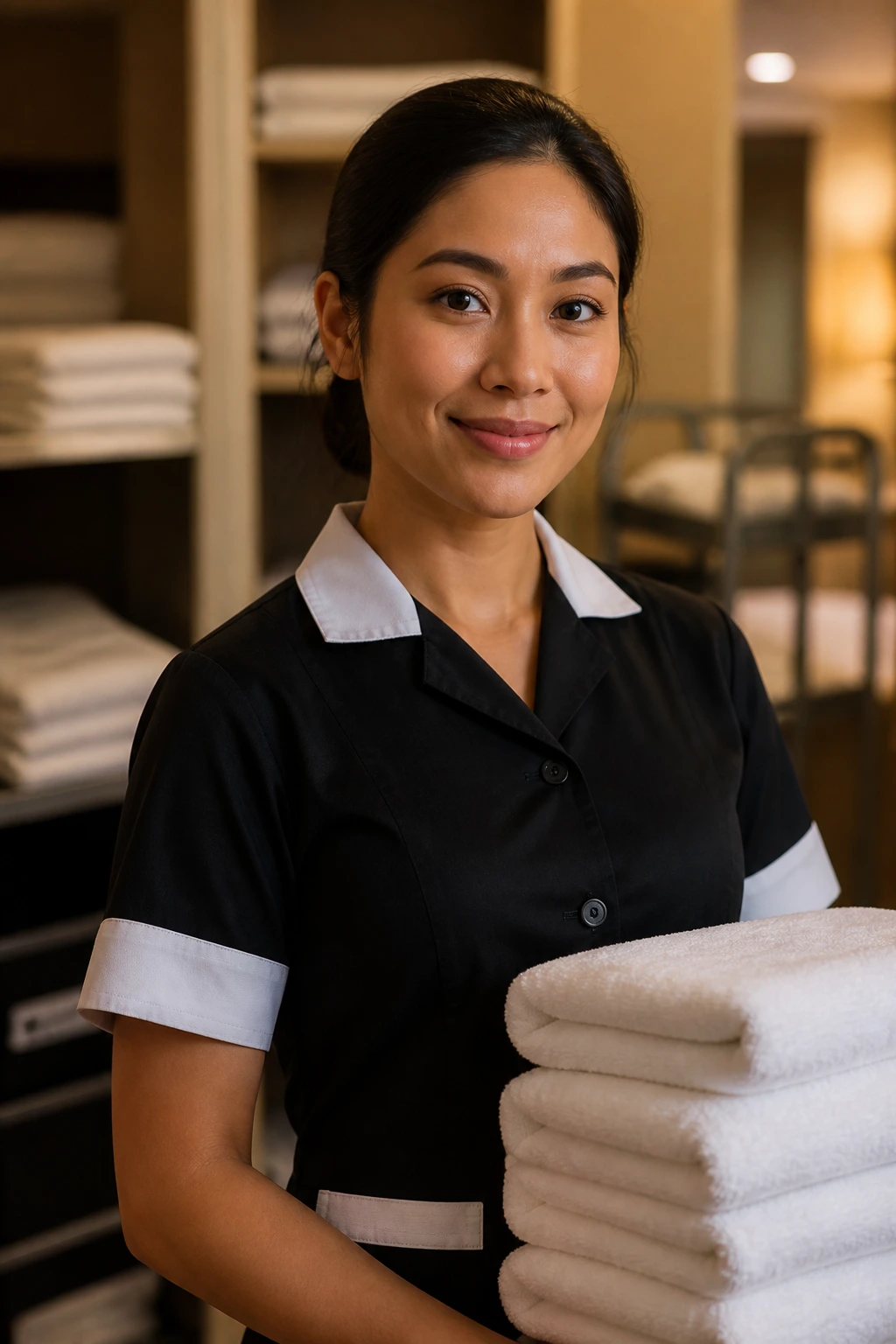 Portrait of a housekeeper in uniform in a staff area