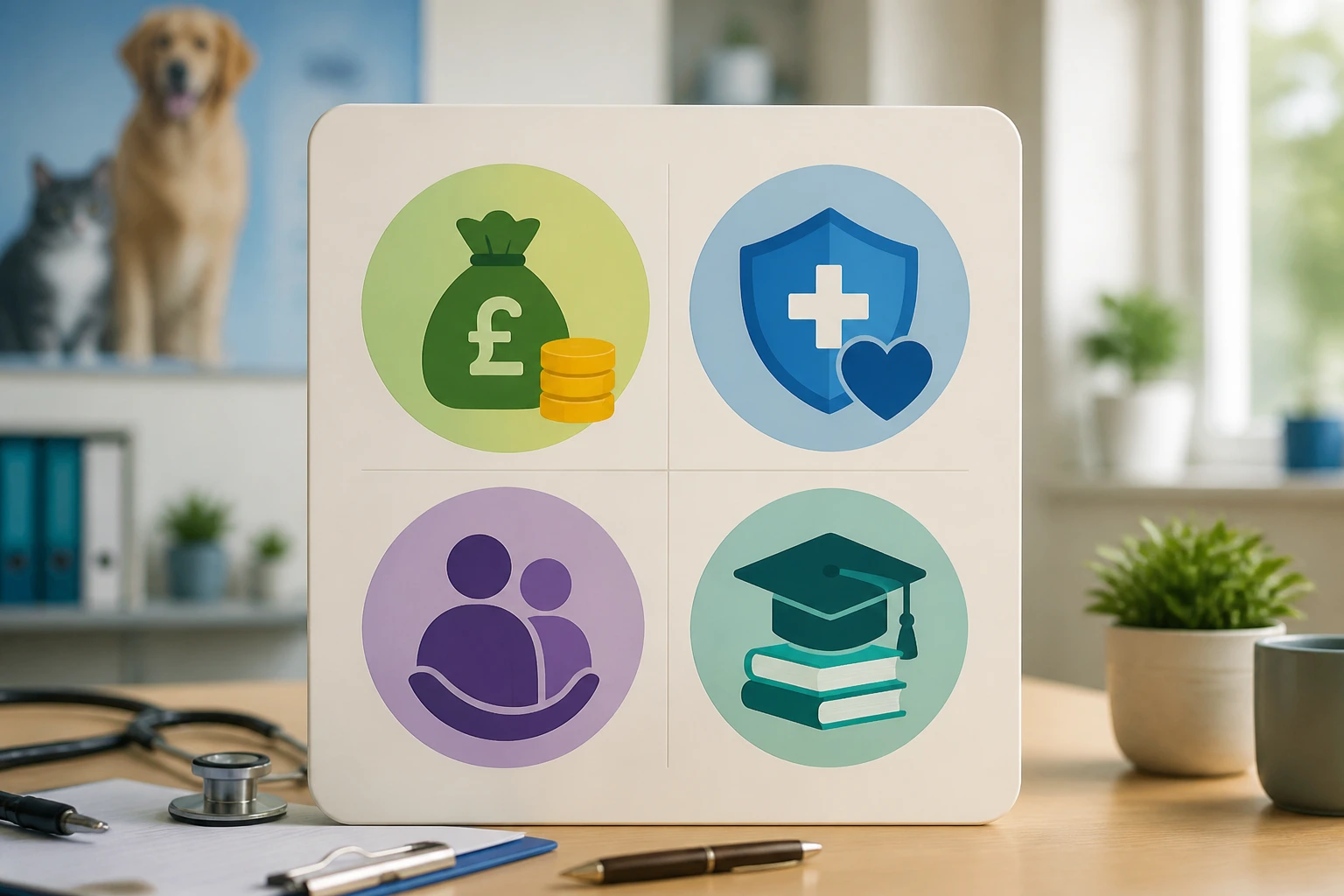 Close-up of a salary and benefits icon card on a desk