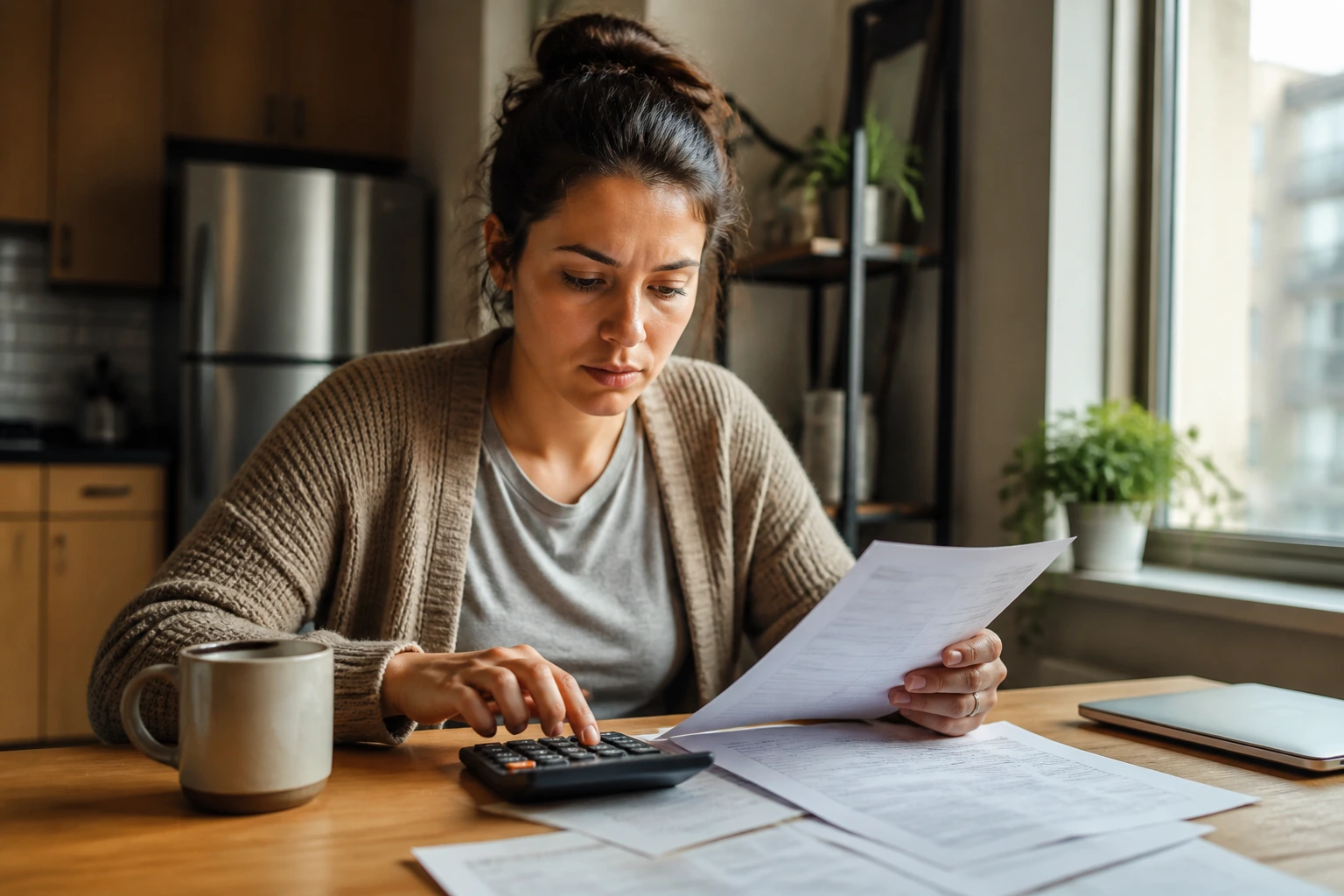 Close-up portrait of a person reviewing a budget at home, reflecting a modest CAD $54,000 income