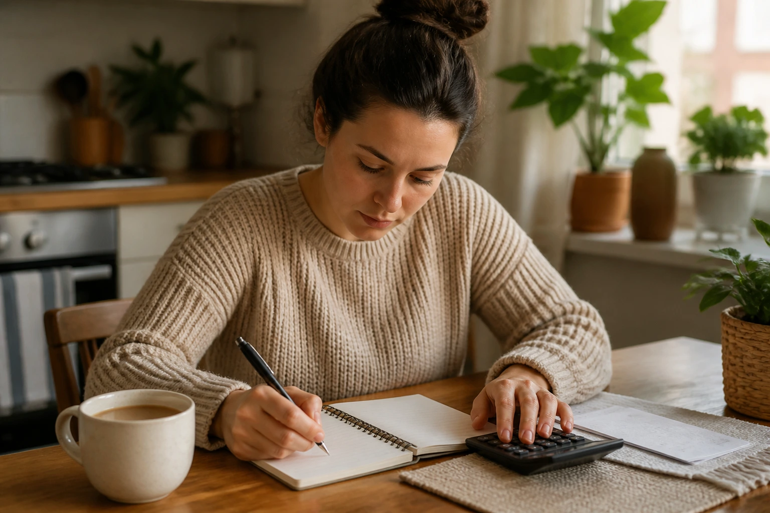 Person budgeting at home desk with no numbers visible