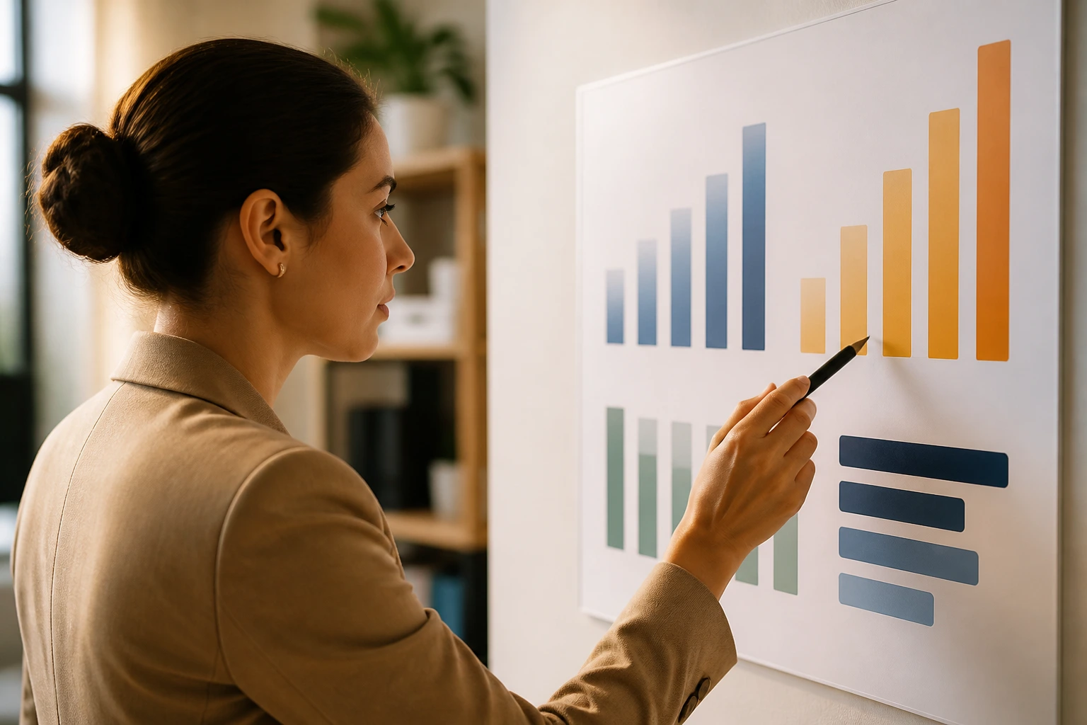 Professional studying an abstract, text-free chart about salary and codes in an office.