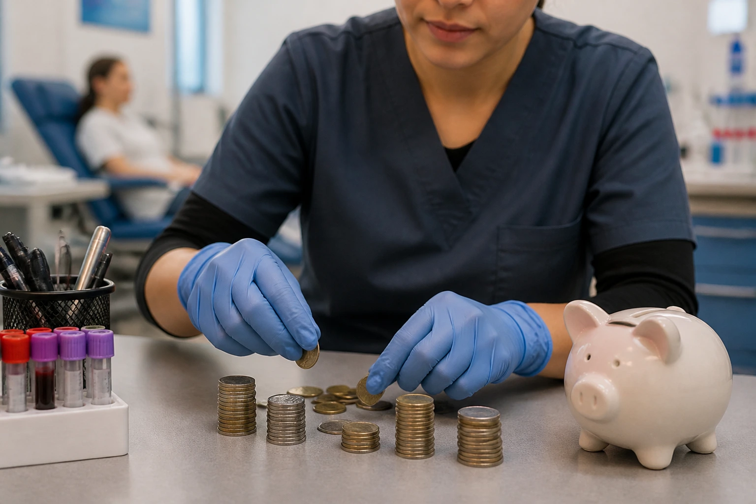 Hands counting coins on a desk in a clinical setting