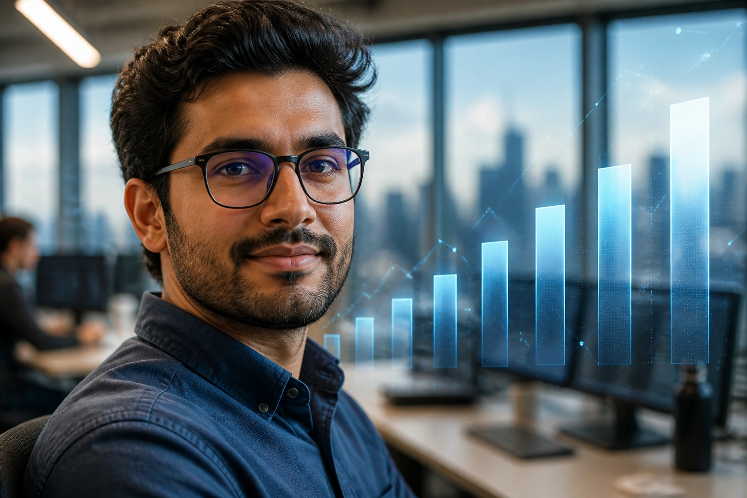 Close-up portrait of a software engineer with a holographic bar chart suggesting high compensation in the background.