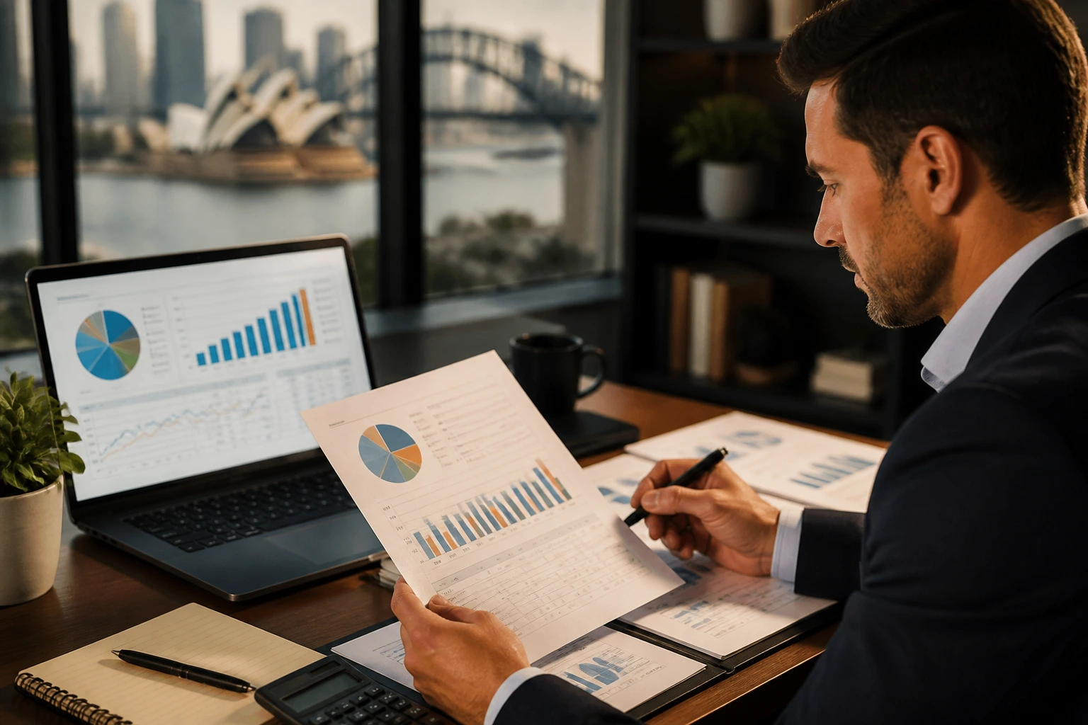 Engineer analyzing salary data and cost of living in a tidy office