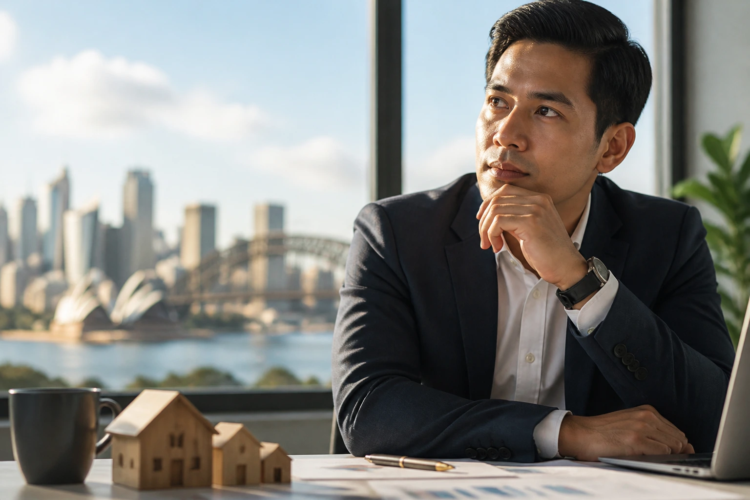 Thoughtful professional with city view backdrop