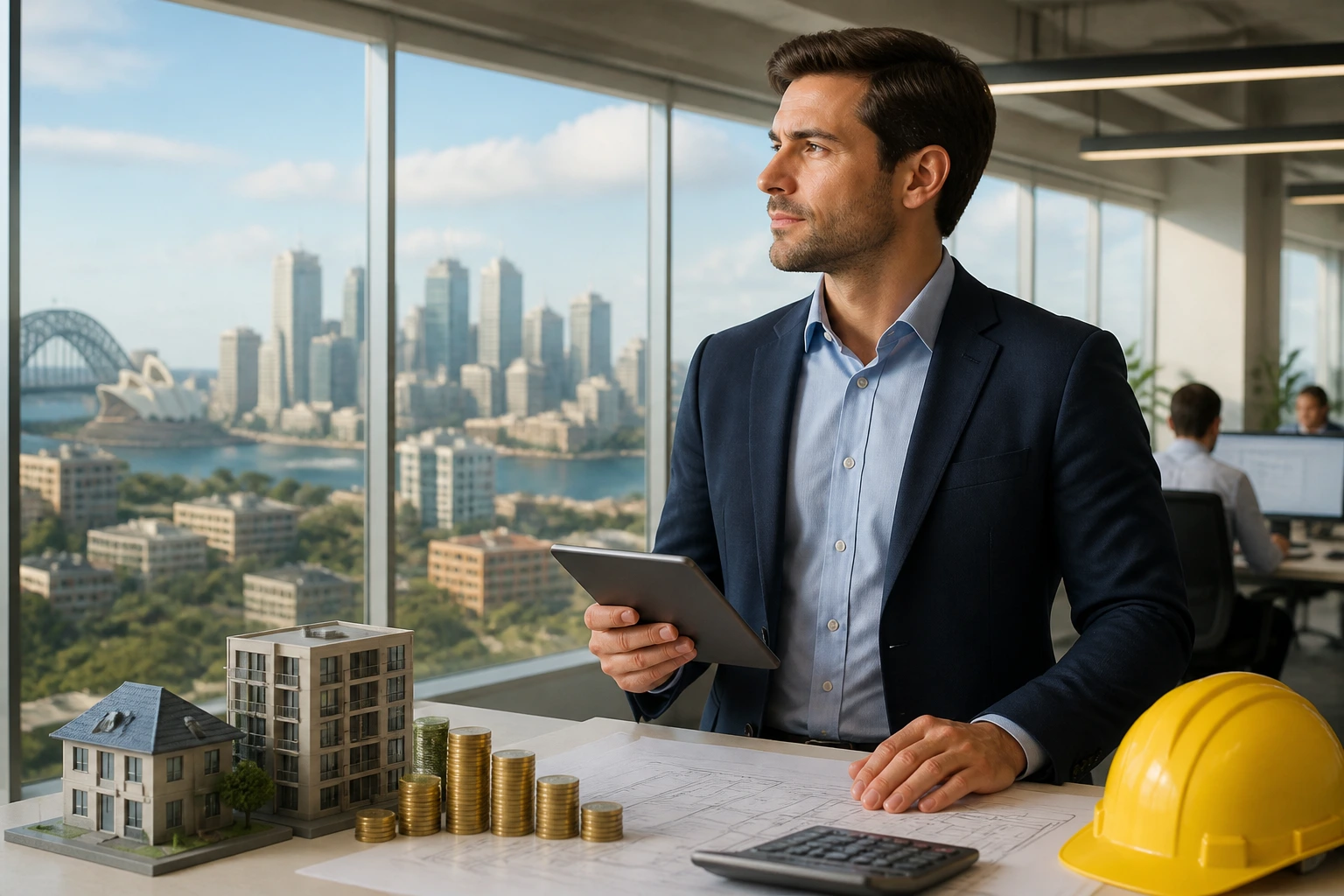 Engineer in office with city view contemplating salary and living costs