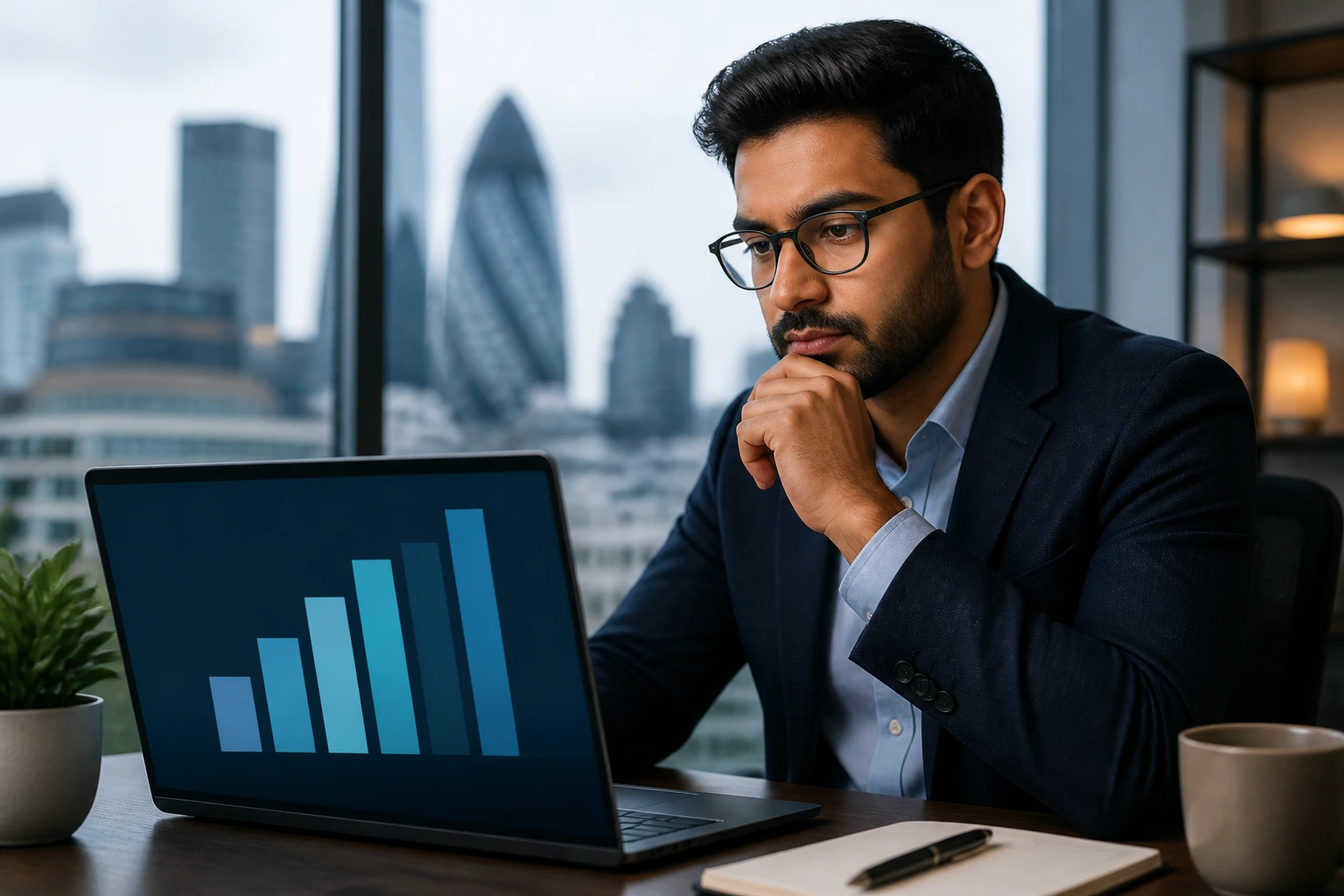 Portrait of a professional with an abstract bar chart on a laptop screen illustrating salary concepts