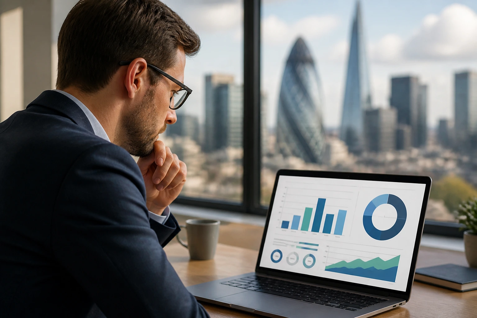 Close-up of a professional studying abstract salary and cost of living charts on a laptop in a bright office.