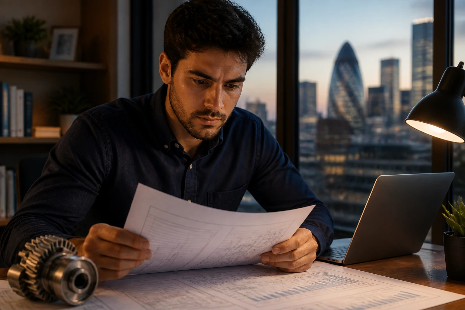 Close-up portrait of a mechanical engineer evaluating finances in a home office