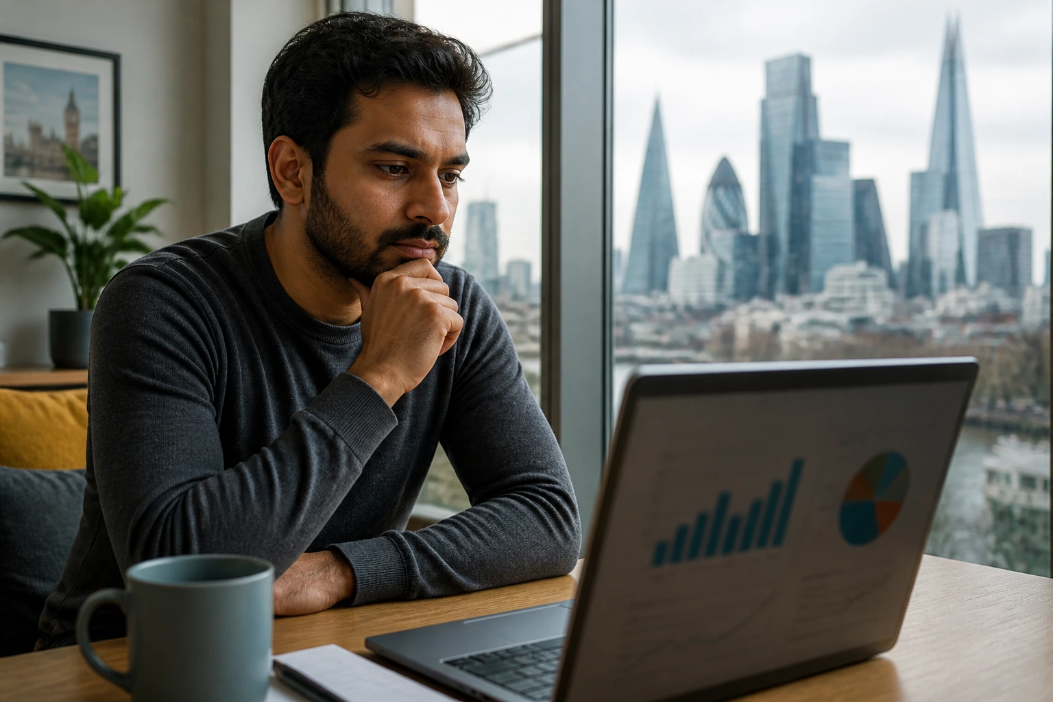 Engineer contemplating salary and cost of living with London skyline in background