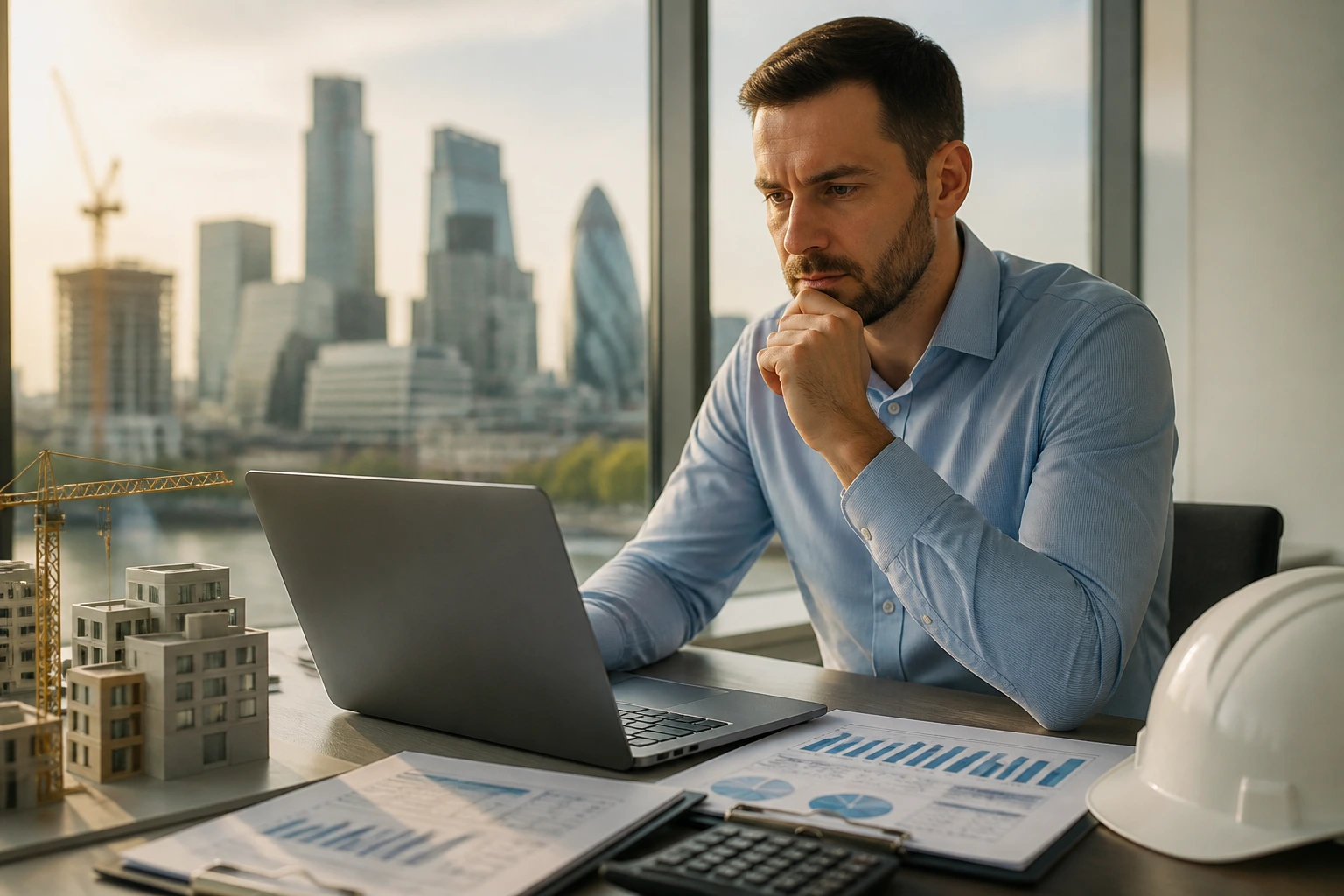 Professional evaluating salary and cost of living in a bright city-office setting