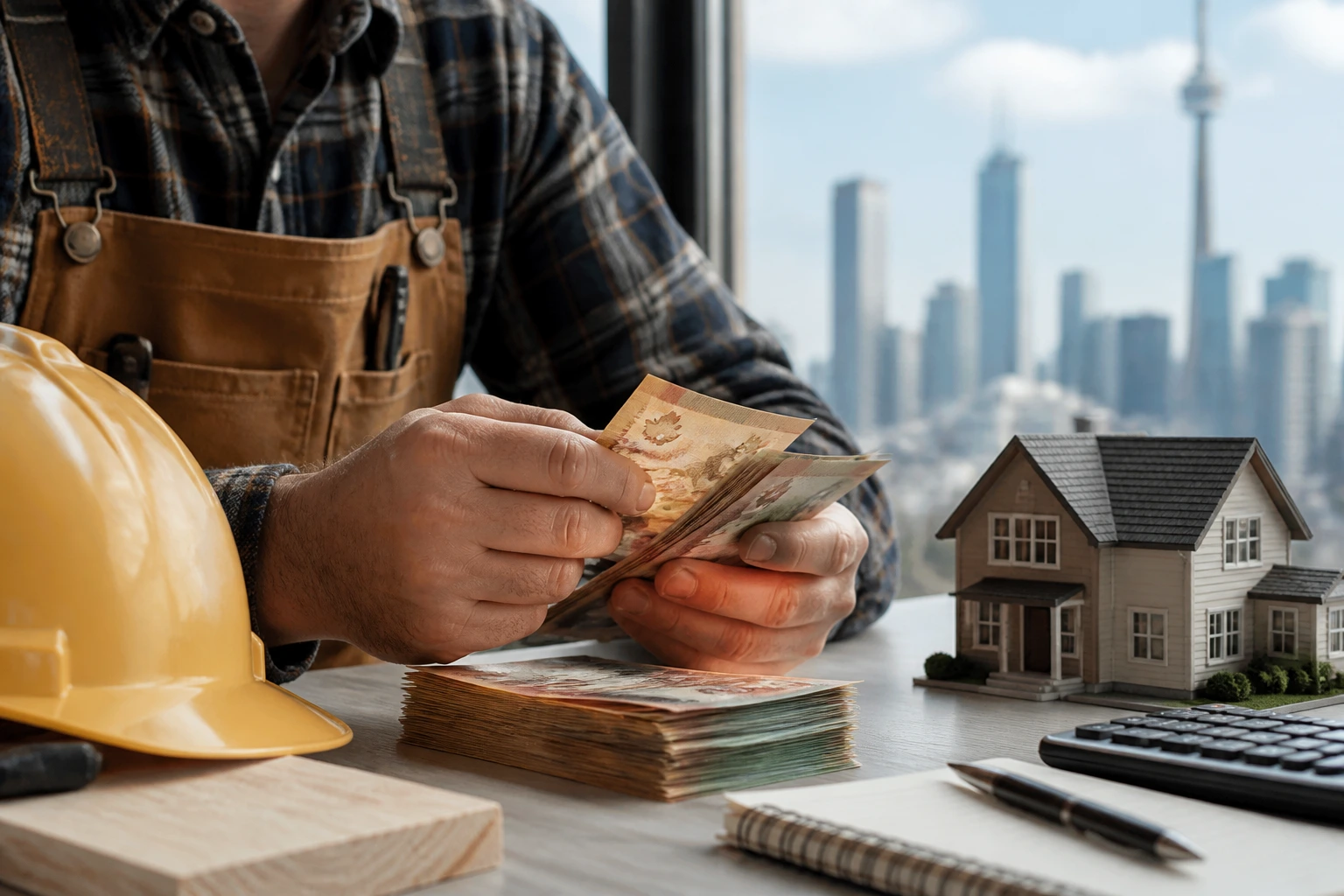 Person counting money with city skyline in background