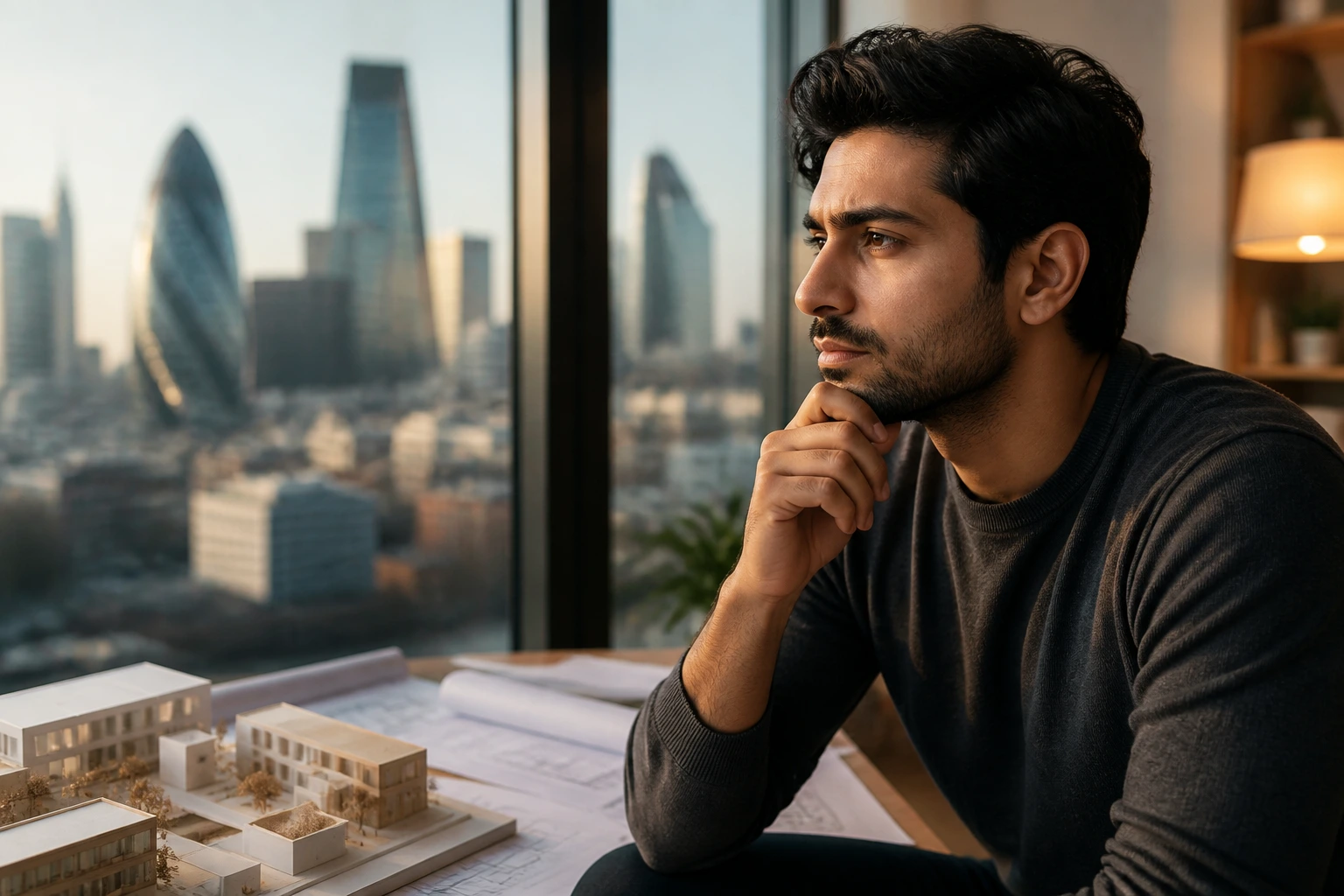 Thoughtful architect portrait with city skyline through window