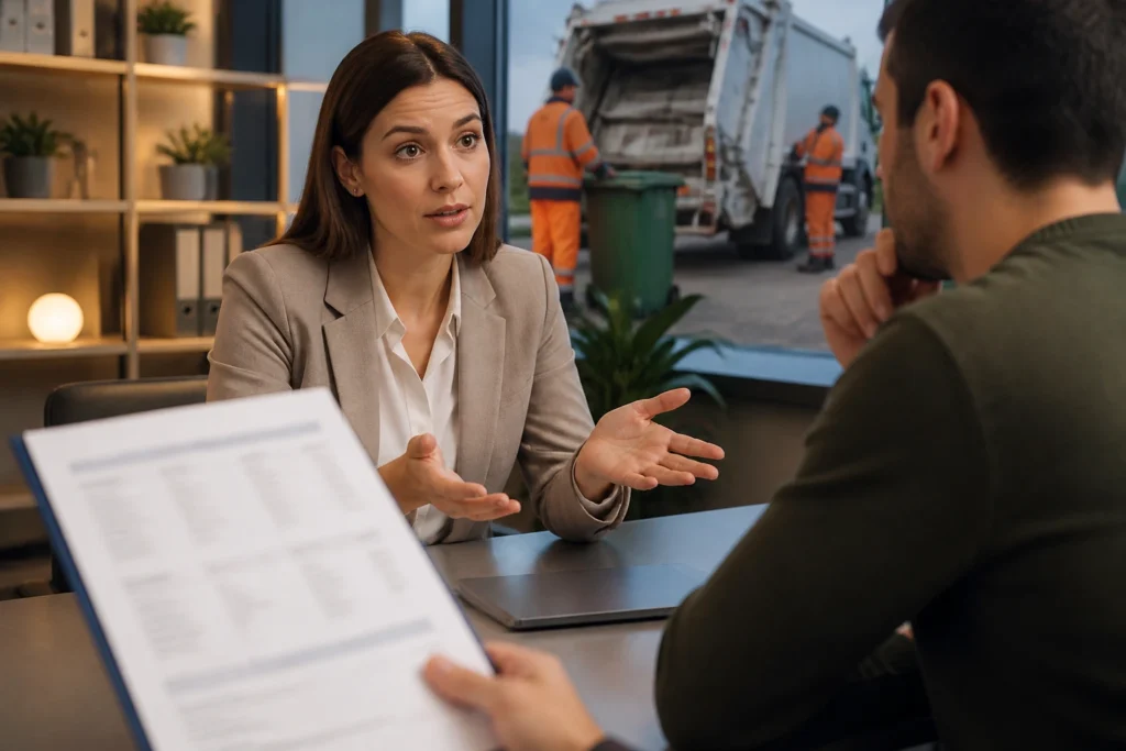 Recruiter discussing salary with candidate, blurred document