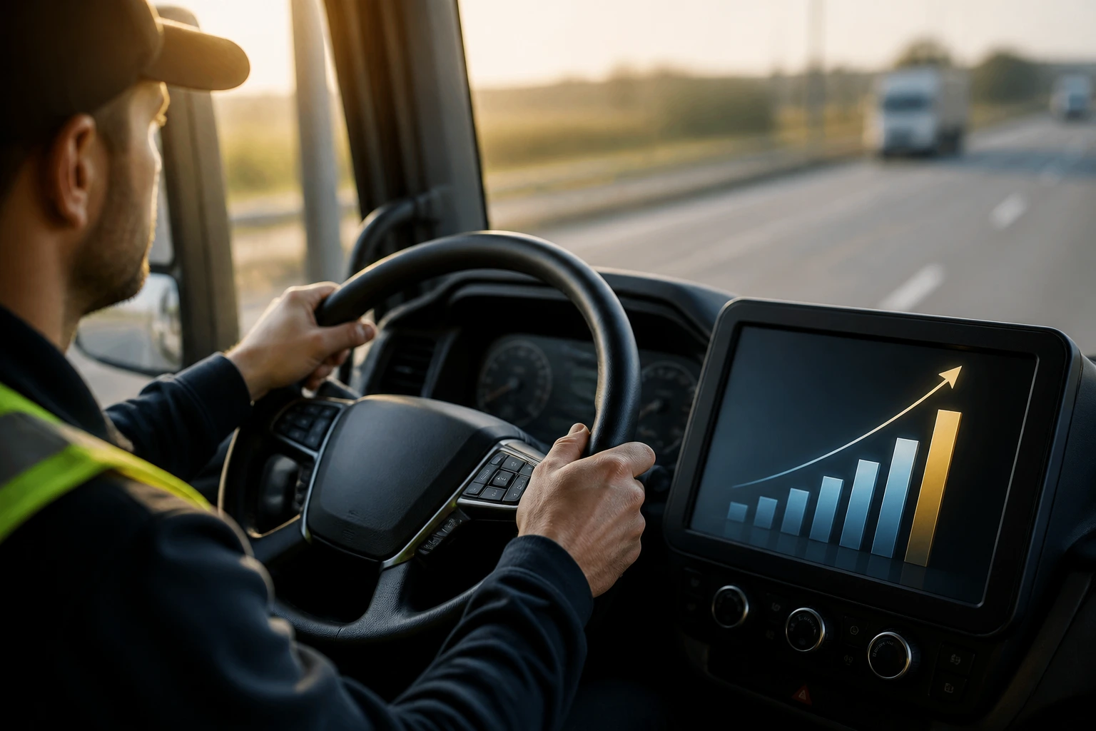 Driver in the cab examining an abstract earnings gauge showing rising pay potential
