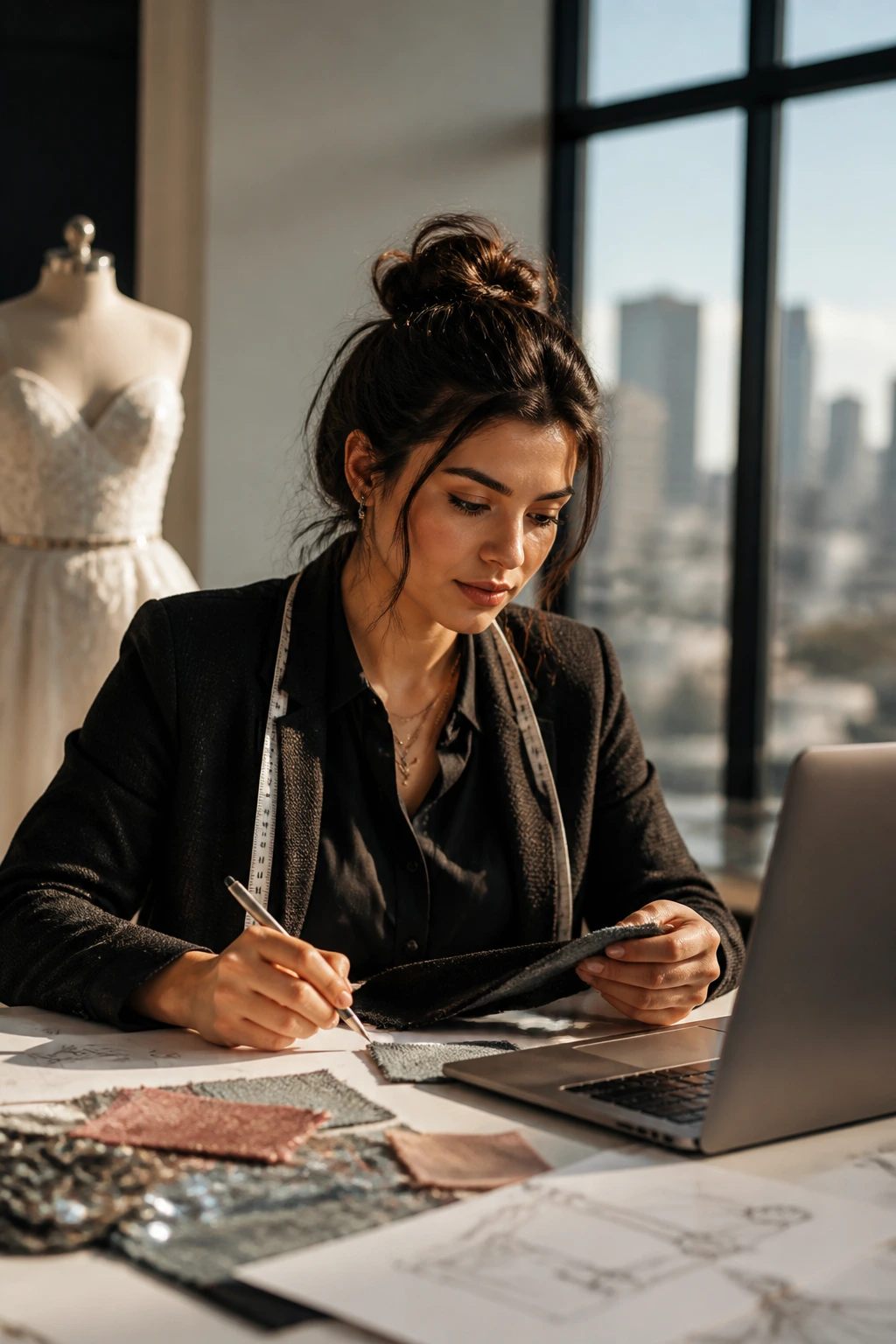 Portrait of a dress designer in an office, representing salary insights