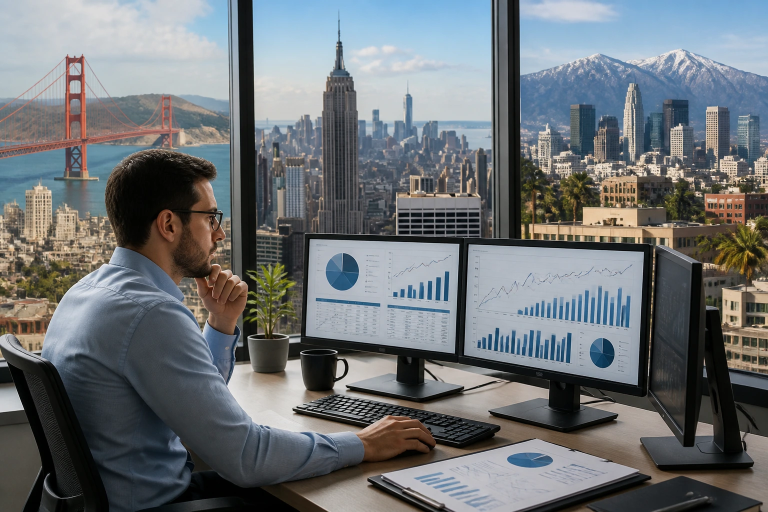 Analyst at desk with cityscape background reflecting regional salary reality