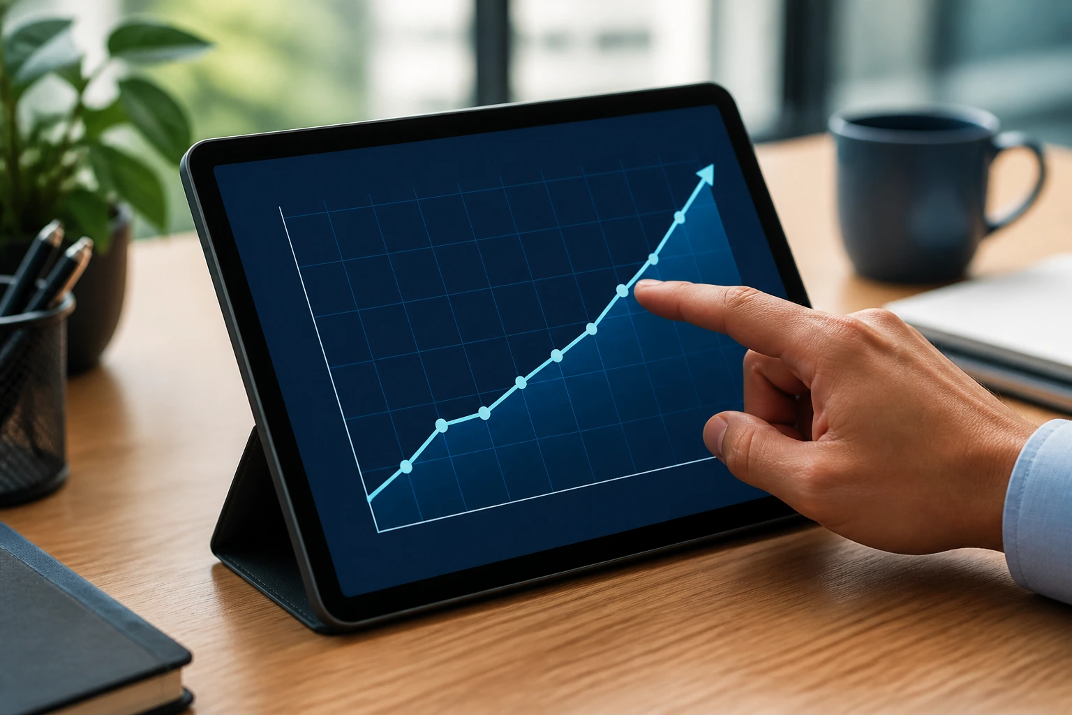Hand interacting with a tablet showing an abstract salary graph