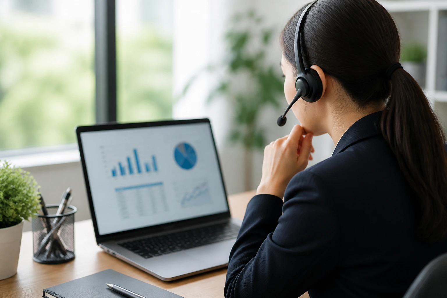 Professional at desk with laptop and abstract charts illustrating salary concepts.
