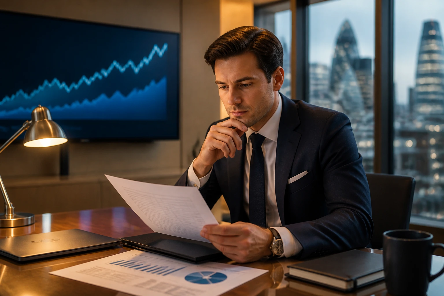 Professional evaluating compensation in a London office with an abstract graph
