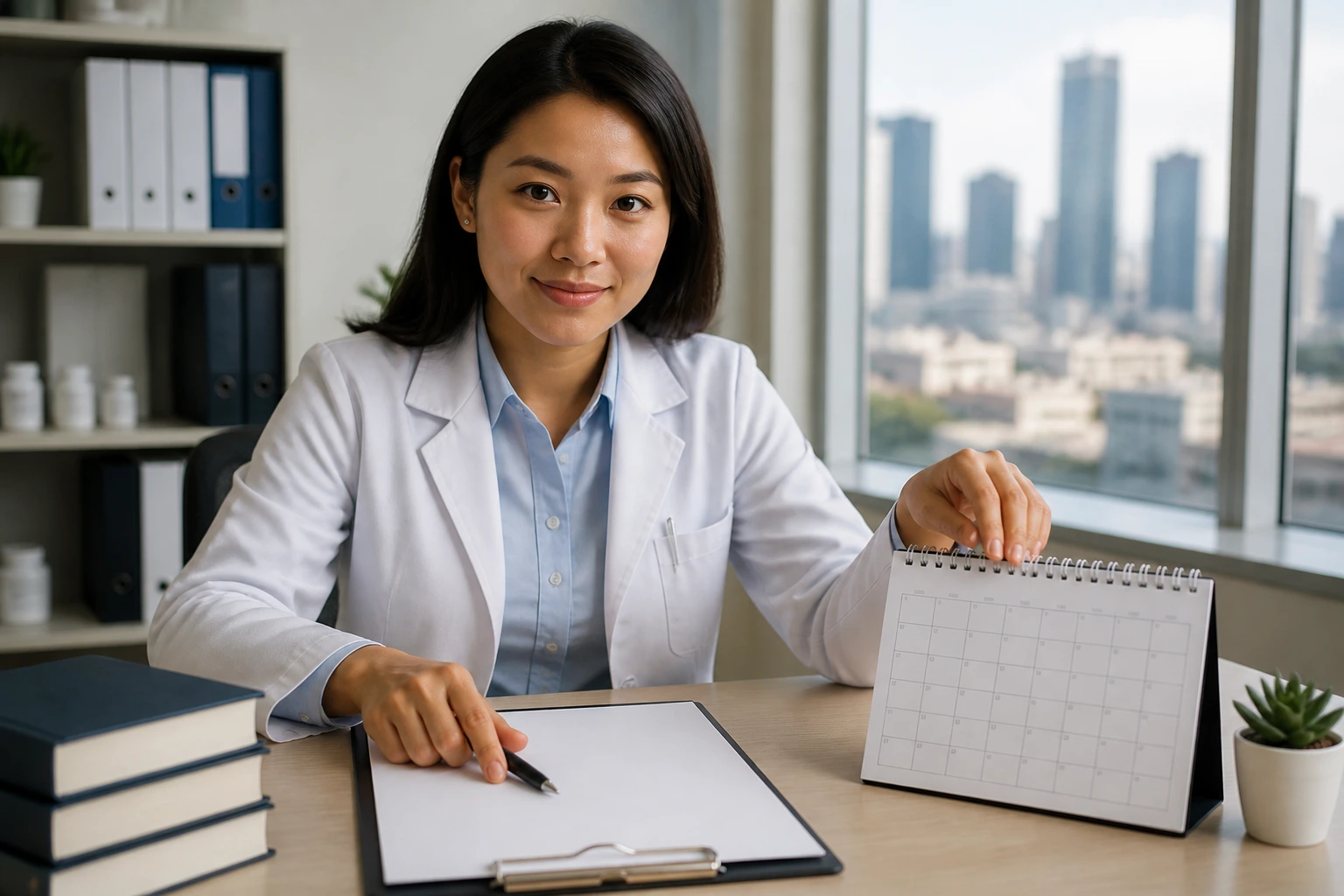 Pharmacist negotiating terms at a desk with a blank offer document and calendar