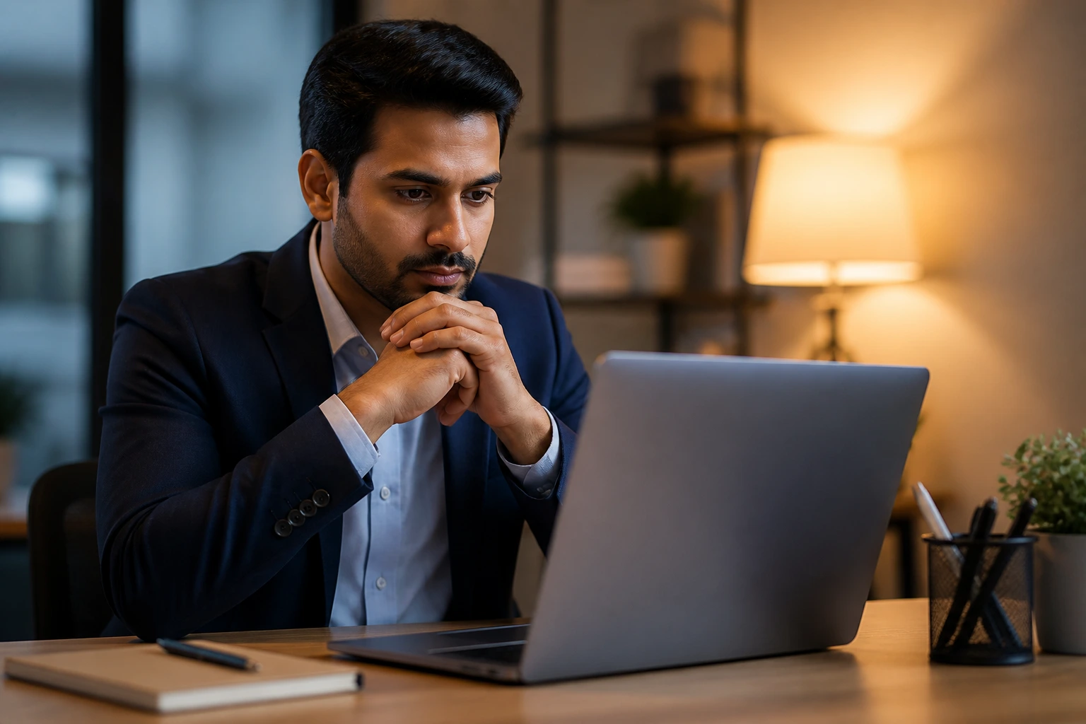 Close-up of a professional thinking at a desk during salary negotiation